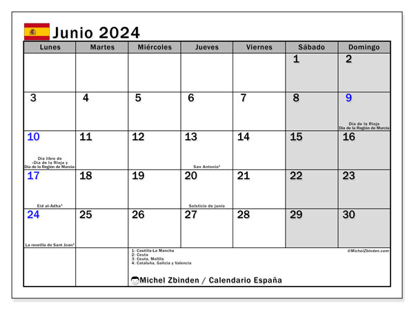 Kalender Juni 2024 “Spanien”. Plan zum Ausdrucken kostenlos.. Montag bis Sonntag