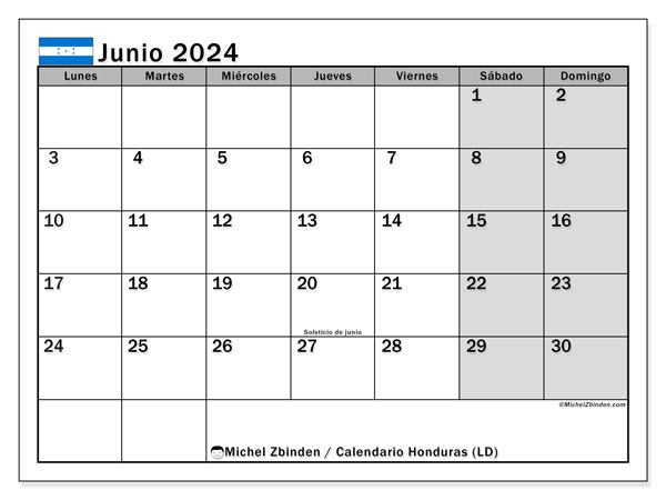 Calendario junio 2024 “Honduras”. Programa para imprimir gratis.. De lunes a domingo