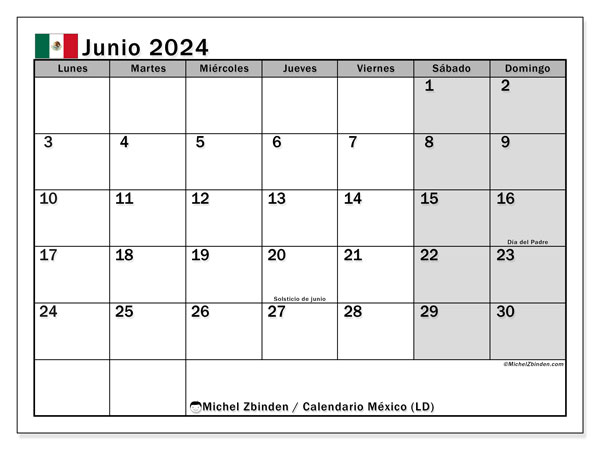Calendario para imprimir, junio 2024, México (LD)