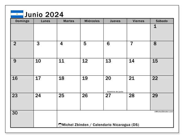 Calendario junio 2024 “Nicaragua”. Diario para imprimir gratis.. De domingo a sábado