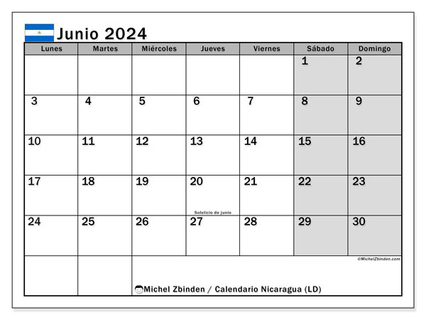 Kalender Juni 2024 “Nicaragua”. Kalender zum Ausdrucken kostenlos.. Montag bis Sonntag