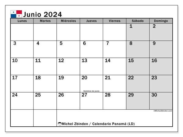 Calendario junio 2024 “Panamá”. Horario para imprimir gratis.. De lunes a domingo