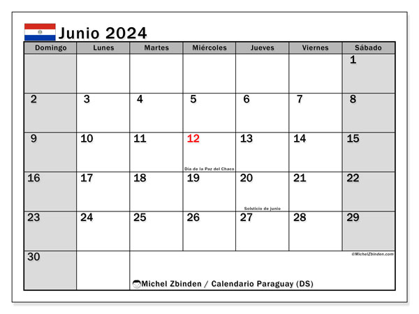 Calendario junio 2024 “Paraguay”. Programa para imprimir gratis.. De domingo a sábado