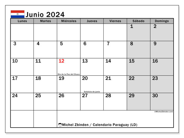 Calendario junio 2024 “Paraguay”. Programa para imprimir gratis.. De lunes a domingo