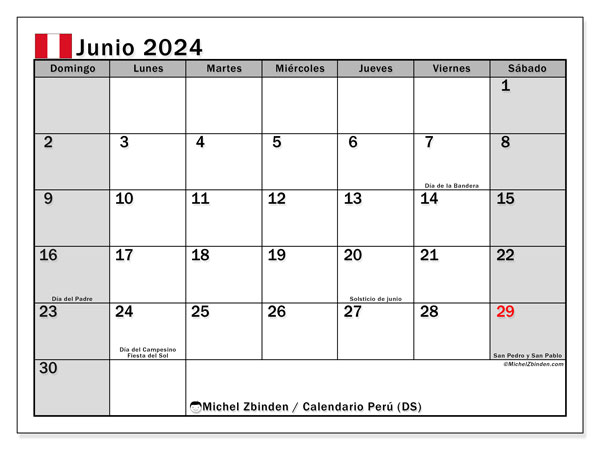 Kalender Juni 2024 “Peru”. Kalender zum Ausdrucken kostenlos.. Sonntag bis Samstag