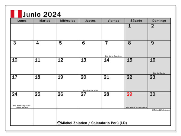 Kalender Juni 2024 “Peru”. Kalender zum Ausdrucken kostenlos.. Montag bis Sonntag