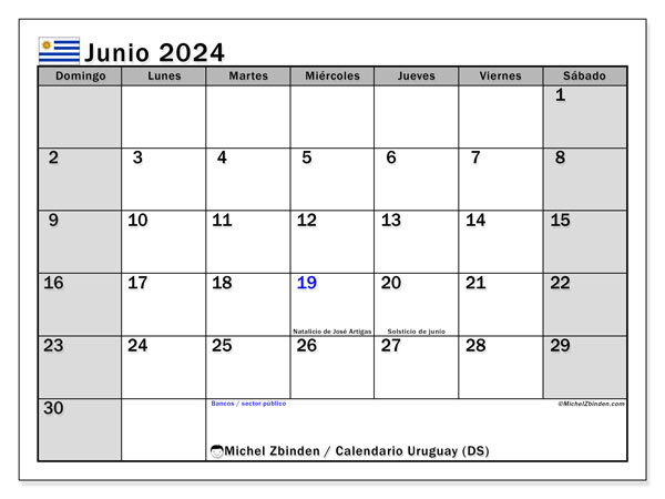 Calendario junio 2024, Uruguay. Diario para imprimir gratis.