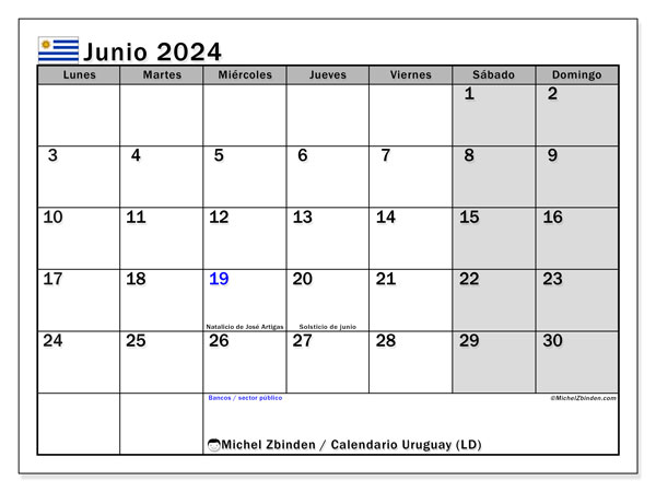 Calendario giugno 2024 “Uruguay”. Calendario da stampare gratuito.. Da lunedì a domenica