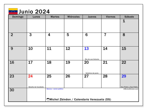 Calendario para imprimir, junio 2024, Venezuela (DS)