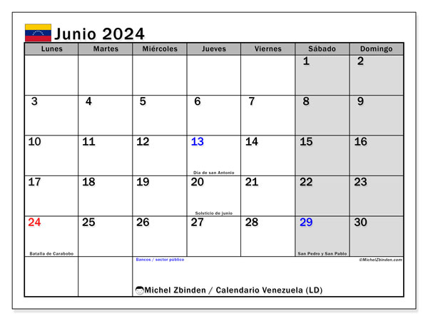 Calendario giugno 2024 “Venezuela”. Calendario da stampare gratuito.. Da lunedì a domenica