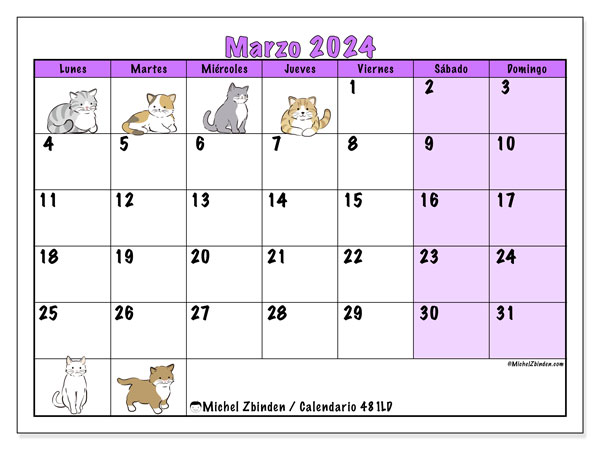 Calendario marzo 2024 “481”. Calendario para imprimir gratis.. De lunes a domingo