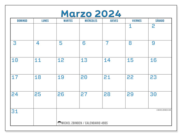 Calendario marzo 2024 “49”. Horario para imprimir gratis.. De domingo a sábado