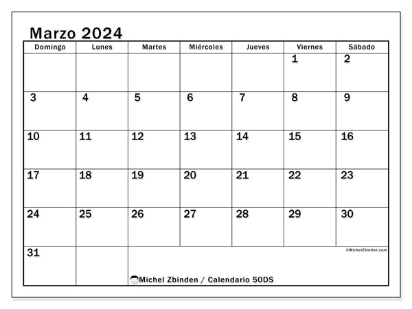 Calendario marzo 2024 “50”. Horario para imprimir gratis.. De domingo a sábado