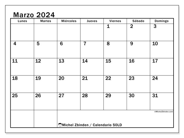 Calendario marzo 2024 “50”. Horario para imprimir gratis.. De lunes a domingo