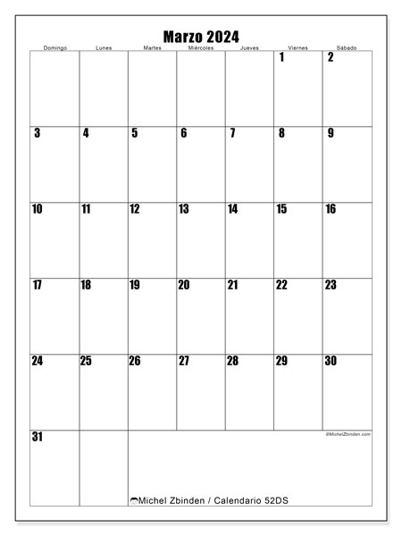 Calendario marzo 2024 “52”. Calendario para imprimir gratis.. De domingo a sábado
