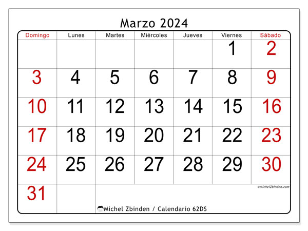 Calendario marzo 2024 “62”. Horario para imprimir gratis.. De domingo a sábado