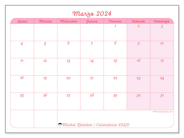 Calendario marzo 2024 “63”. Calendario para imprimir gratis.. De lunes a domingo