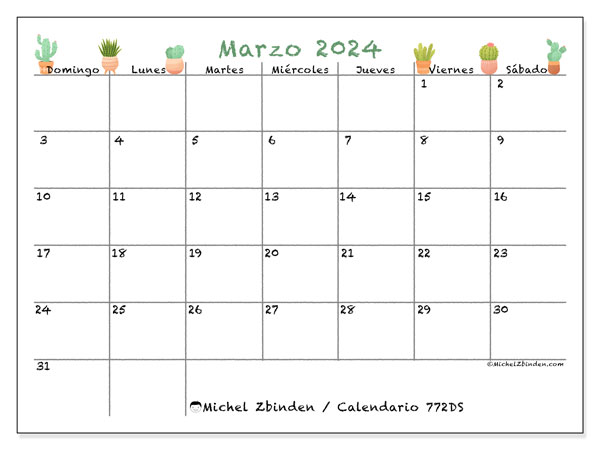Calendario marzo 2024 “772”. Programa para imprimir gratis.. De domingo a sábado