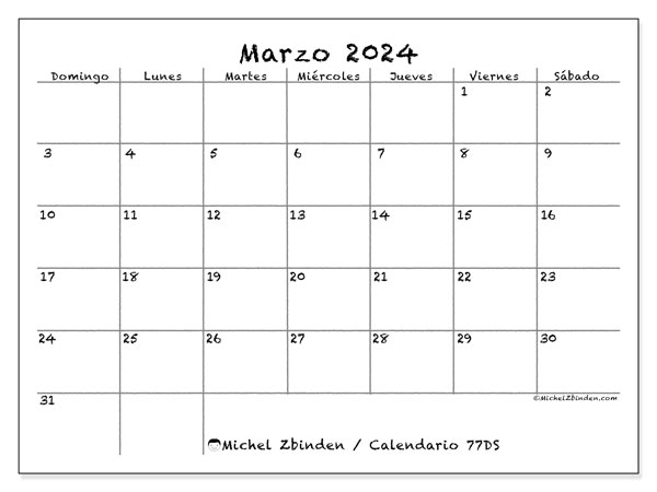 Calendario marzo 2024 “77”. Calendario para imprimir gratis.. De domingo a sábado