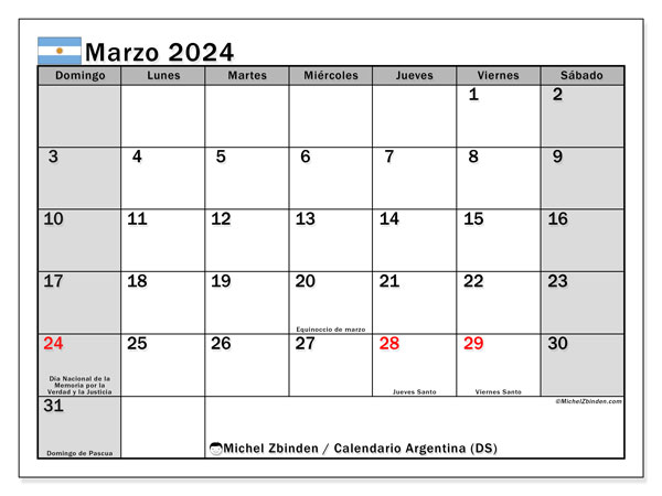 Calendário Março 2024 “Argentina”. Mapa gratuito para impressão.. Domingo a Sábado