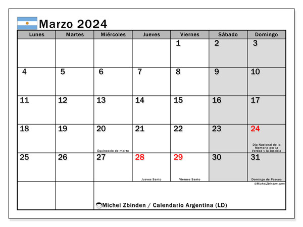 Calendário Março 2024 “Argentina”. Mapa gratuito para impressão.. Segunda a domingo