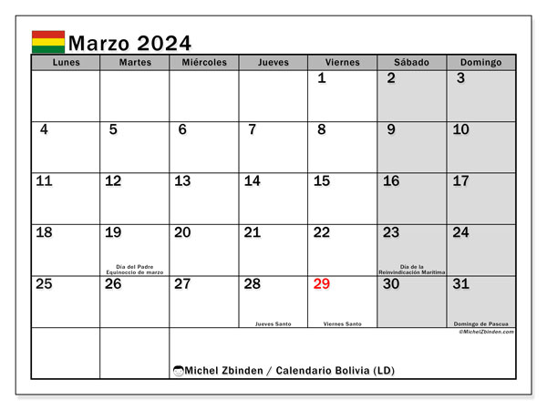 Calendário Março 2024 “Bolívia”. Programa gratuito para impressão.. Segunda a domingo