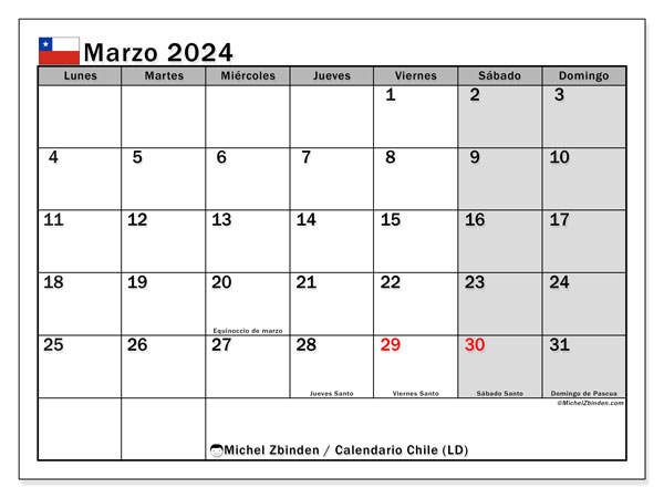 Calendario marzo 2024, Chile (ES). Programa para imprimir gratis.