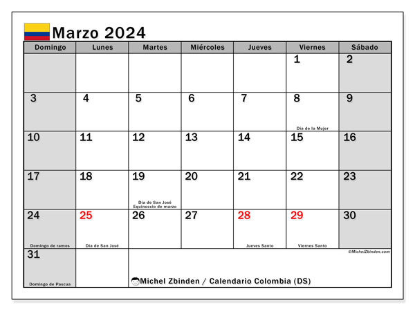 Calendário Março 2024, Colômbia (ES). Programa gratuito para impressão.
