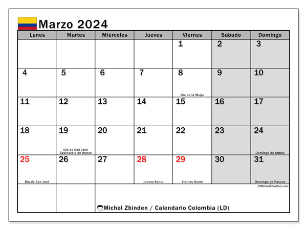Calendário Março 2024 “Colômbia”. Horário gratuito para impressão.. Segunda a domingo