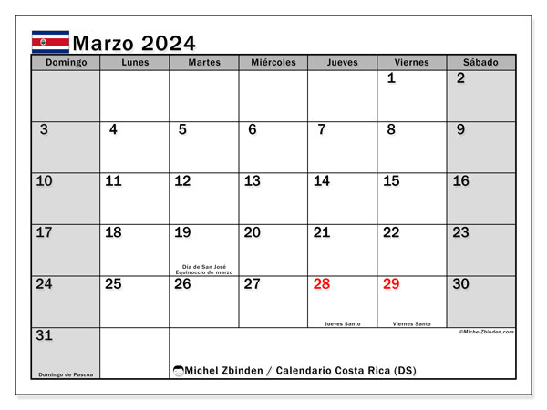 Calendário Março 2024 “Costa Rica”. Programa gratuito para impressão.. Domingo a Sábado