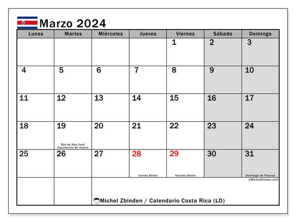 Calendário Março 2024 “Costa Rica”. Programa gratuito para impressão.. Segunda a domingo