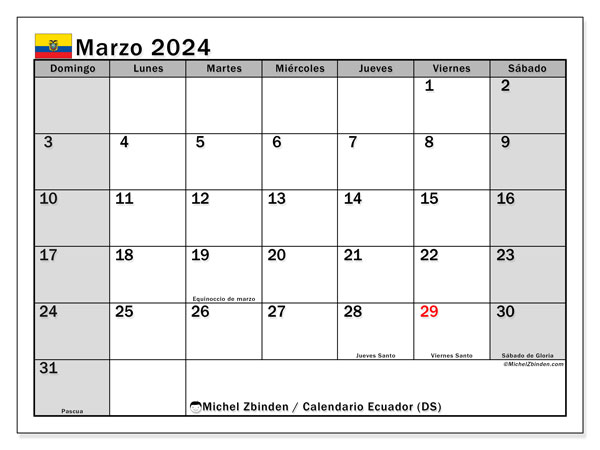 Calendário Março 2024 “Equador”. Mapa gratuito para impressão.. Domingo a Sábado
