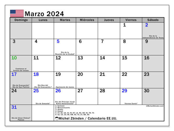 Kalenteri maaliskuu 2024, Yhdysvallat (ES). Ilmainen tulostettava ohjelma.