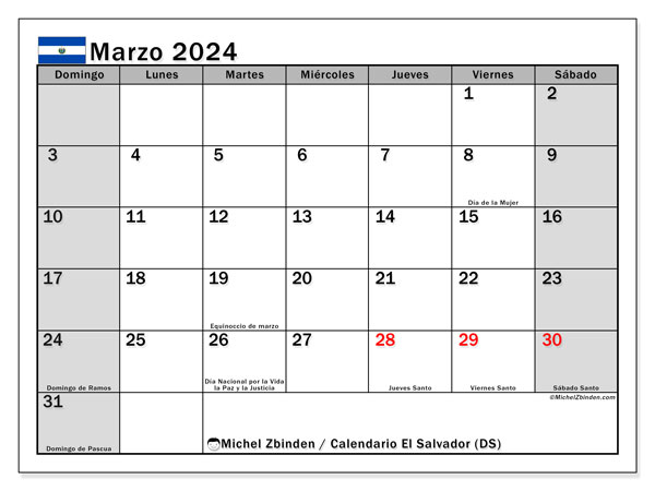 Calendário Março 2024 “El Salvador”. Mapa gratuito para impressão.. Domingo a Sábado