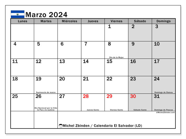 Calendário Março 2024 “El Salvador”. Mapa gratuito para impressão.. Segunda a domingo
