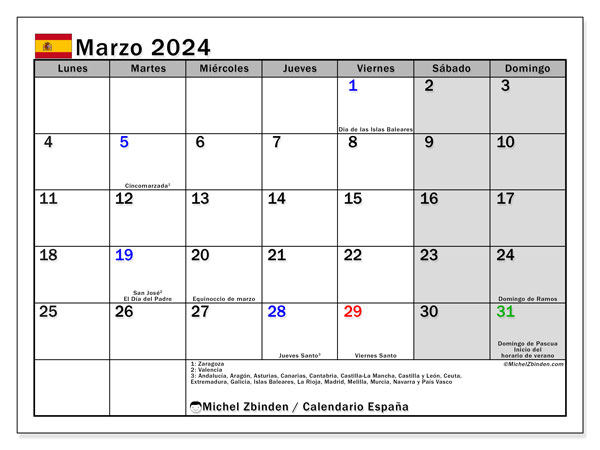 España, calendario de marzo de 2024, para su impresión, de forma gratuita.