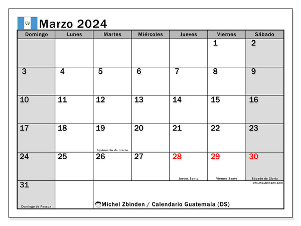 Calendário Março 2024 “Guatemala”. Programa gratuito para impressão.. Domingo a Sábado