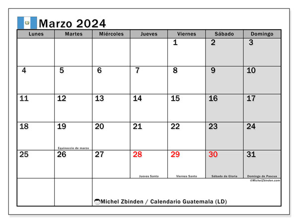 Calendário Março 2024 “Guatemala”. Programa gratuito para impressão.. Segunda a domingo