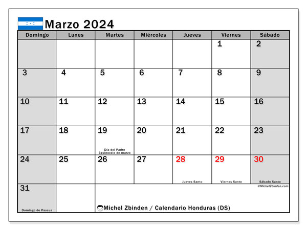 Calendário Março 2024 “Honduras”. Calendário gratuito para imprimir.. Domingo a Sábado