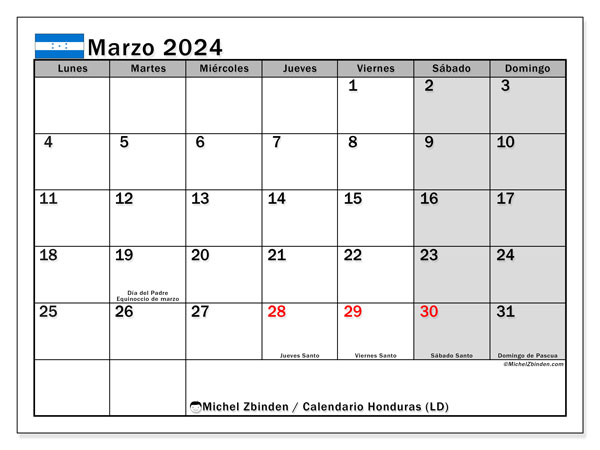 Calendário Março 2024 “Honduras”. Calendário gratuito para imprimir.. Segunda a domingo
