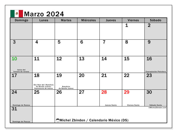 Calendário Março 2024 “México”. Jornal gratuito para impressão.. Domingo a Sábado