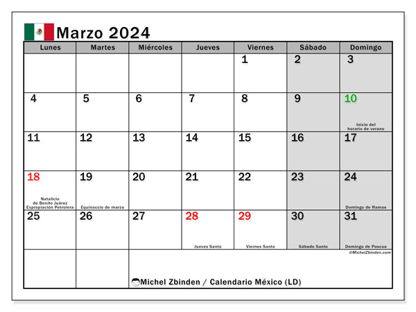 Kalendarz marzec 2024, Meksyk (ES). Darmowy plan do druku.