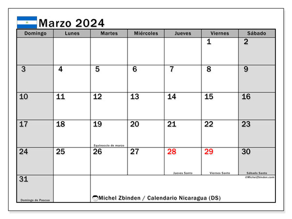 Calendário Março 2024 “Nicarágua”. Programa gratuito para impressão.. Domingo a Sábado