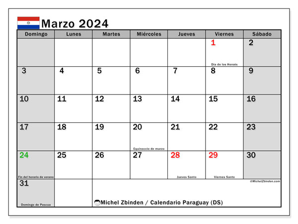 Calendario marzo 2024 “Paraguay”. Horario para imprimir gratis.. De domingo a sábado