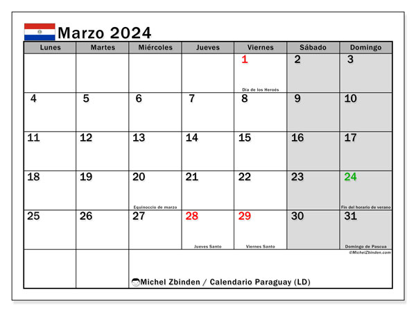Calendario marzo 2024 “Paraguay”. Horario para imprimir gratis.. De lunes a domingo