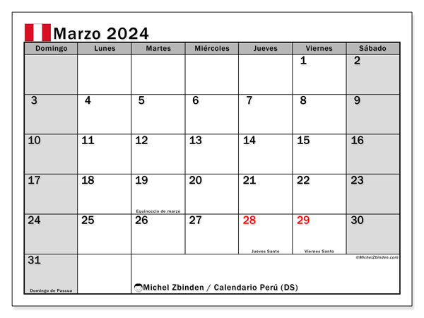 Calendario marzo 2024, Perú. Calendario para imprimir gratis.