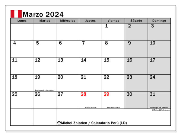 Calendário Março 2024 “Peru”. Programa gratuito para impressão.. Segunda a domingo