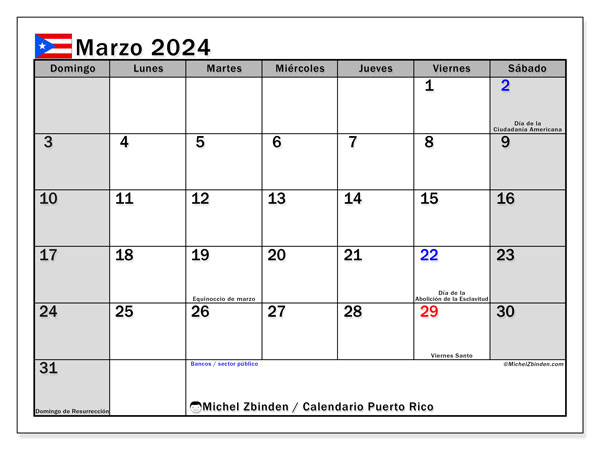 Calendário Março 2024 “Porto Rico”. Horário gratuito para impressão.. Domingo a Sábado