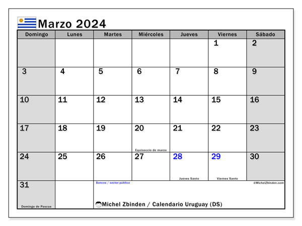 Calendário Março 2024 “Uruguai”. Jornal gratuito para impressão.. Domingo a Sábado