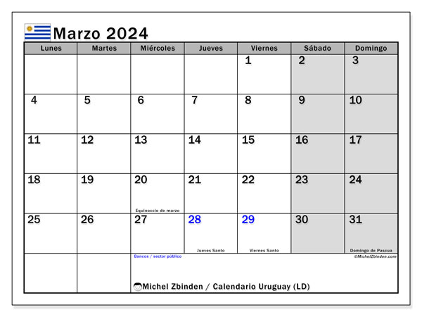 Calendário Março 2024 “Uruguai”. Jornal gratuito para impressão.. Segunda a domingo